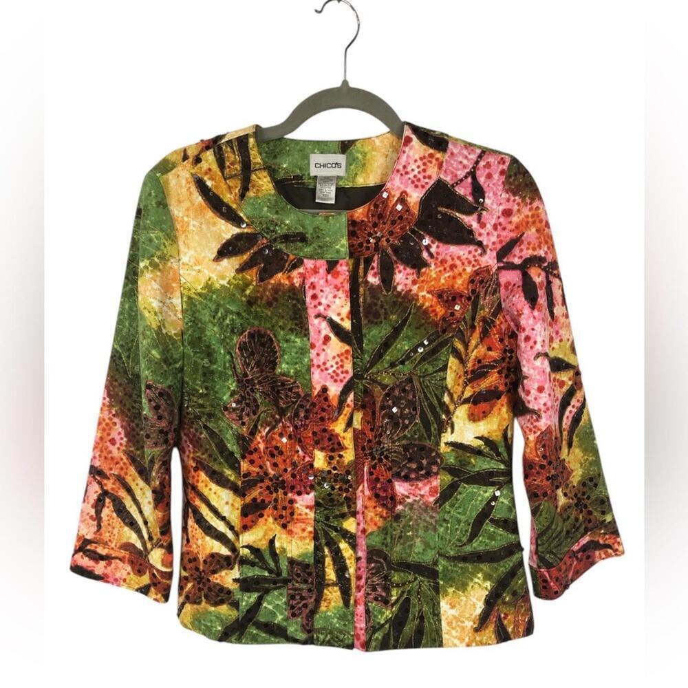 Chico’s Abstract Leaf Floral Lined Cropped Jacket Sequins Multicolor